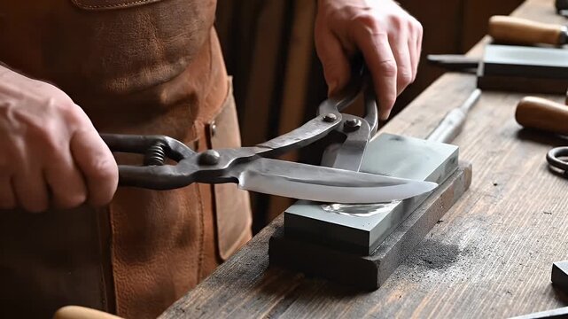 Sharpening Garden Shears on a Whetstone - A close-up shows a pair of anvil garden shears being honed on a sharpening stone.