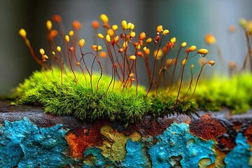 Nature's Vibrant Embrace on Aged Metal With Blue Patina and Vivid Moss Generative AI