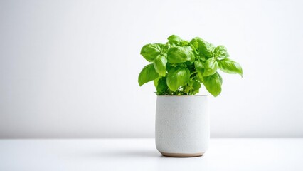 Basil plant in a white speckled ceramic pot on a pale surface. Concept Basil plant, White speckled ceramic pot, Pale surface backdrop, Home herb display, Minimalist still life