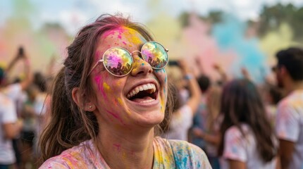 Woman laughing at colorful Holi festival with vibrant paint on her face