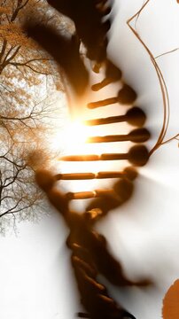 Abstract DNA helix intertwines with natural bare tree branches and warm autumn leaves symbolizing genetic heritage, ancestral lineage, and life's organic evolution.