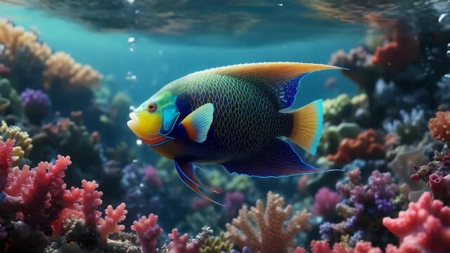 A colorful fish swims through a vibrant coral reef. Bubbles rise to the surface of the clear blue water