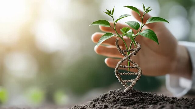 Green plant sprout emerging from genetic double helix structure in rich soil under sunlight. Gentle hand nurtures life, symbolizing ancestry and future development for scientific research.
