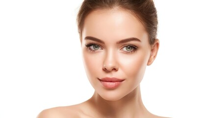 Obraz premium Close-up portrait of a woman with flawless skin and subtle makeup, looking directly at the camera. Concept Close-up Portrait, Flawless Skin, Subtle Makeup, Direct Gaze, Studio Lighting
