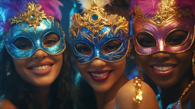 Three joyous women don ornate masquerade masks, sparkling with glitter and feathers, celebrating a vibrant, festive evening gathering with radiant smiles.