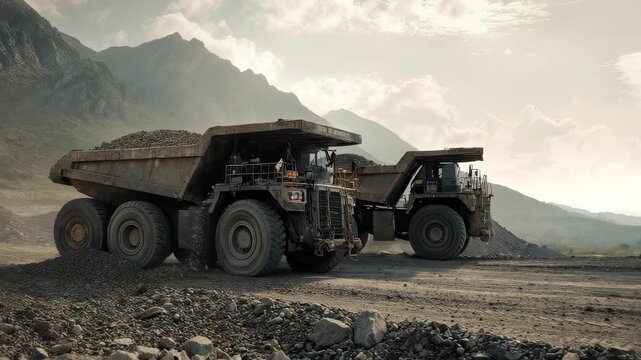 Massive Mining Dump Truck Rolling Across Gravel Plain Under Rugged Mountain Backdrop, Hauling Ore Load, Dusty Atmosphere, Heavy Wheels, Industrial Excavation Vibe, Remote Worksite