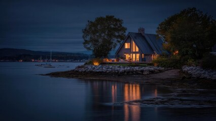 Fototapeta premium A cozy lakeside cabin with warm lights sits on a rocky shore, reflections shimmering on the dark water with distant boats. Concept Cozy lakeside cabin with warm lights