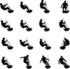 Sailing dinghy maneuver silhouettes showing sailor motion sequence action training isolated on white background water sports vector illustration set collection design series