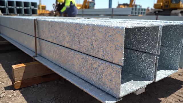 Stacked Galvanized Metal Beams on Construction Site - Medium shot of galvanized metal beams neatly stacked, showcasing the effective zinc coating used for rust protection.