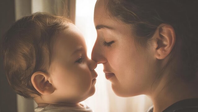 Mother and baby touch noses, sharing a tender, intimate moment. Concept Mother-baby bonding, Nose-to-nose moment, Tender mother-child portrait, Soft, warm portrait