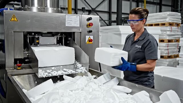Operator Managing Polystyrene Foam Compression in Recycling Facility - A worker operates a machine designed for vacuum compression of polystyrene foam scraps, demonstrating an efficient volume