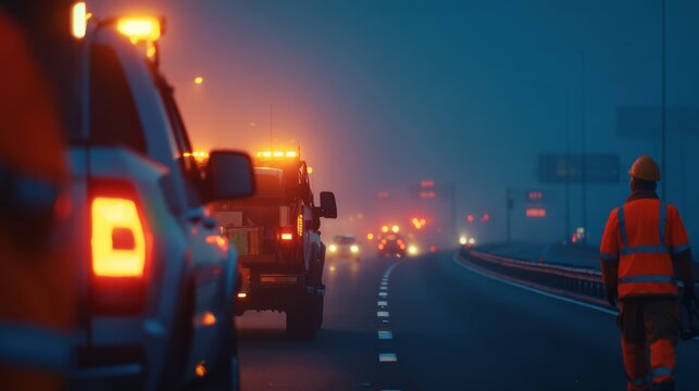 Night highway scene with flashing emergency lights, roadside worker in reflective vest, and busy traffic ahead