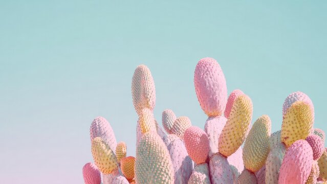 Pastel pink, yellow, and blue prickly pear cacti clustered together against a pale turquoise sky. Concept Pastel Prickly Pear Cacti, Desert Color Palette, Cactus Cluster, Pale Turquoise Sky