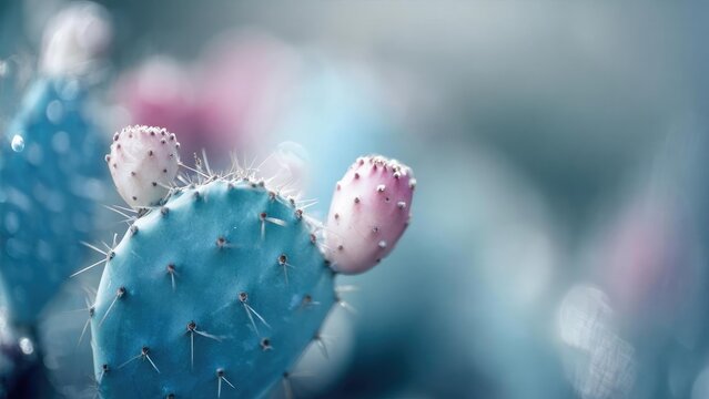 Close-up of a blue-green prickly pear cactus pad with pink baby pads and thin spines. Concept Close-up cactus pad details, Blue-green prickly pear pad, Pink baby pads on cactus, Thin spines texture
