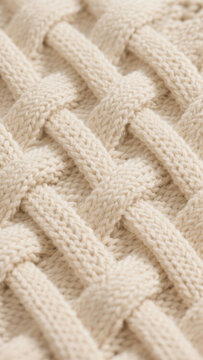 Close-up of a cream-colored knitted fabric with a detailed basketweave pattern, showcasing soft texture and uniform stitches on a smooth, warm-toned textile surface