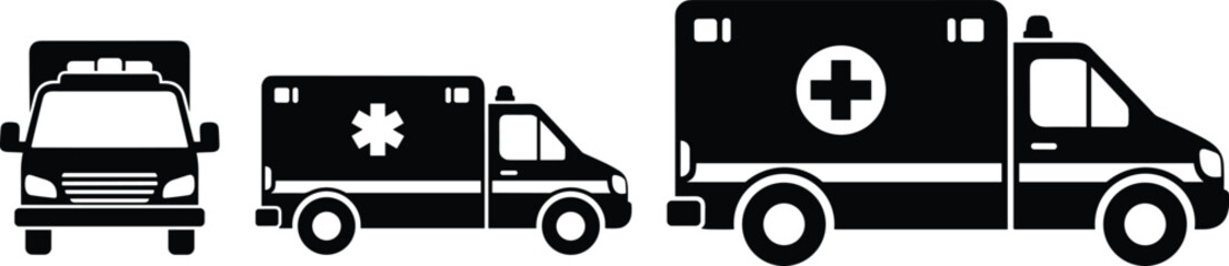 Obraz premium Ambulance vehicle icon set, emergency medical service transportation, healthcare rescue truck silhouette collection, black white vector illustration design for web
