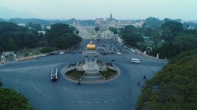 Aerial View of Nalwadi Krishnaraja Wodeyar Statue with Mysuru Palace in Karnataka, India