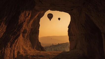 Obraz premium Hot air balloons drift over a rocky canyon at sunset, viewed from inside a dark cave opening. Concept Sunset canyon with hot air balloons seen from a dark cave opening