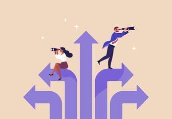 Fototapeta na wymiar Business Direction. Vector illustration of professionals choosing different paths and looking ahead with binoculars. Concept of strategy, career choice, vision, leadership, and future growth.