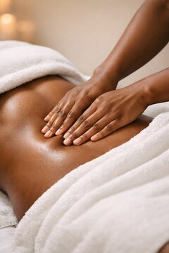 Close-up of hands performing lymphatic drainage on the stomach area for swelling reduction, wellness, therapy and recovery