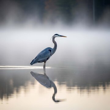 Great blue heron standing in misty water bird wading bird