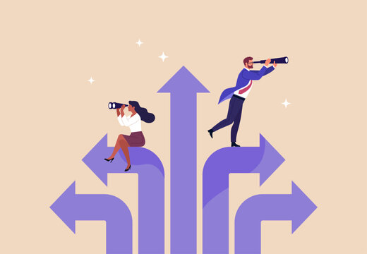 Business Direction. Vector illustration of professionals choosing different paths and looking ahead with binoculars. Concept of strategy, career choice, vision, leadership, and future growth.