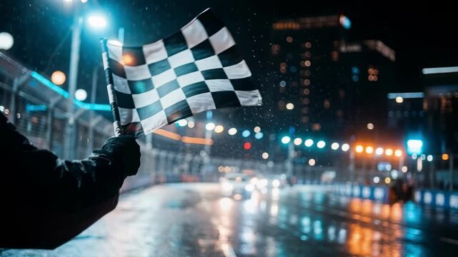 Hand waving a checkered racing flag on a wet city street at night during rain. Motion blur of city lights in background. Speed and competition concept. Finish line start signal