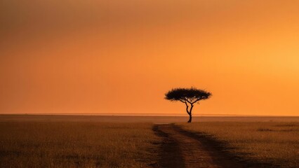 Obraz premium A lone tree on a flat savannah with a dirt path leading to it, under an orange sunset sky. Concept Lone tree on flat savannah at golden hour with a dirt path