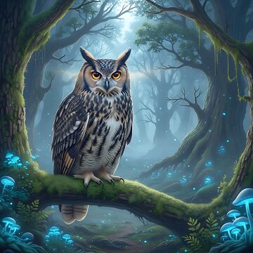 Owl perched on mossy branch in enchanted forest bird
