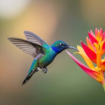 Hummingbird feeding on a vibrant tropical flower nectar
