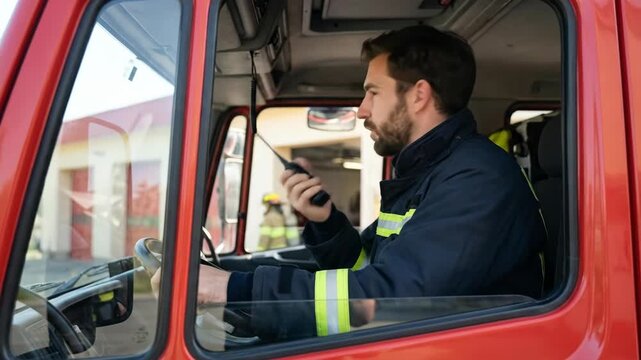 A focused firefighter sits in the driver's seat of a bright red fire truck, ready for duty, Firefighter in uniform behind the wheel of a firetruck at a station