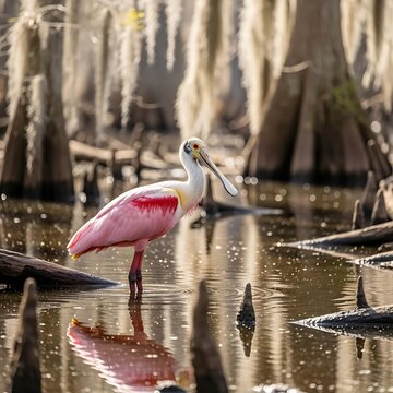 Pink Spoonbill Bird in a Cypress Swamp wading