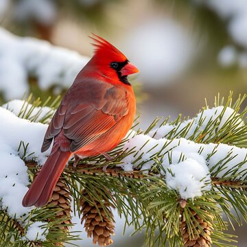 Red cardinal perched on a snow-covered pine branch