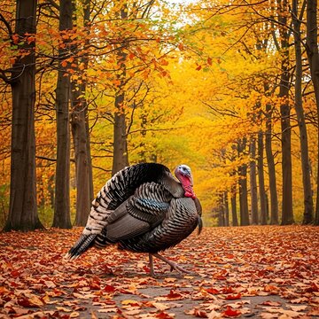 Turkey in Autumn Forest with Fallen Leaves bird male turkey