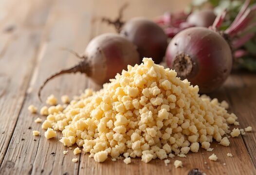 Freshly grated turnips next to whole purple root vegetables on wooden surface. beet pulp