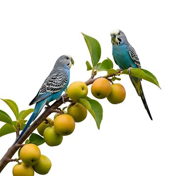 Two Blue Budgies Perched on a Branch with Yellow Fruits Keywords: budgie, parakeet, bird, birds
