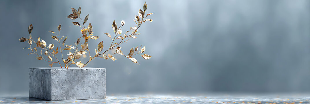 Elegant Golden Plant in Textured Concrete Pedestal against Serene Blue Background with Soft Bokeh, perfect for luxury branding and minimalist website headers