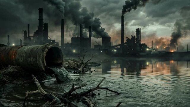 Industrial pipe pouring toxic waste water into a river with factory smoke in the background. Environmental pollution and climate change concept. Dirty factory at gloomy evening