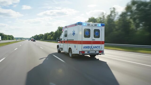 Ambulance speeding down the highway with emergency lights flashing, Medical vehicle in motion on a sunny day, Emergency response transport on the road