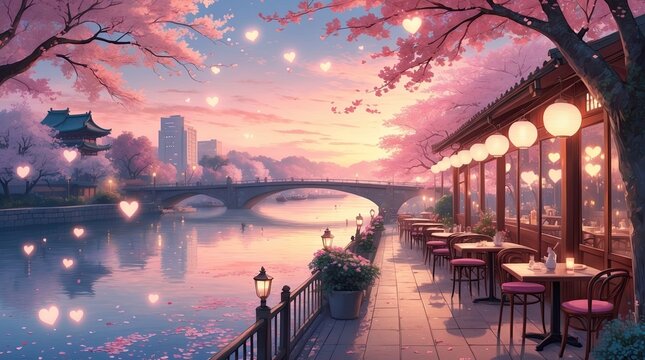Romantic Valentine Caf&eacute; by the River with Cherry Blossoms at Sunset