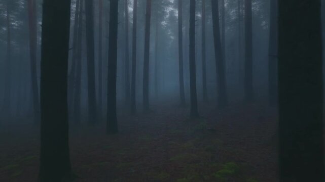A dark and mysterious forest with tall trees and foggy background, possibly used for a thriller or mystery movie or book cover