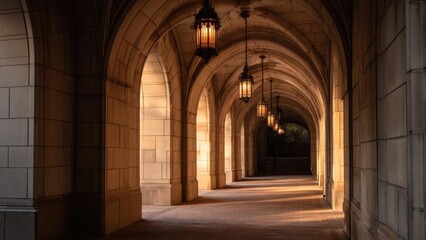 Obraz premium A sunlit stone arcade with vaulted arches and hanging lanterns along a long covered walkway. Concept Sunlit stone arcade, Vaulted arches, Hanging lanterns, Long covered walkway