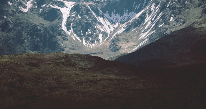 Jagged alpine slope with snow patches, craggy moraine foreground leading to glaciated cirque, stark textures under cold light, geological study and expedition