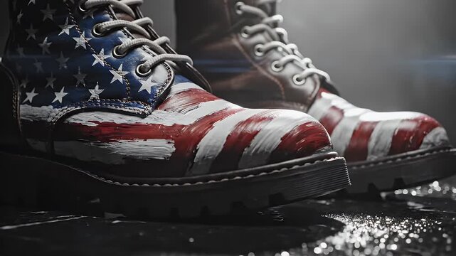Patriotic American Flag Military Boots - A close-up shot showcases a pair of military-style boots painted with the American flag design.