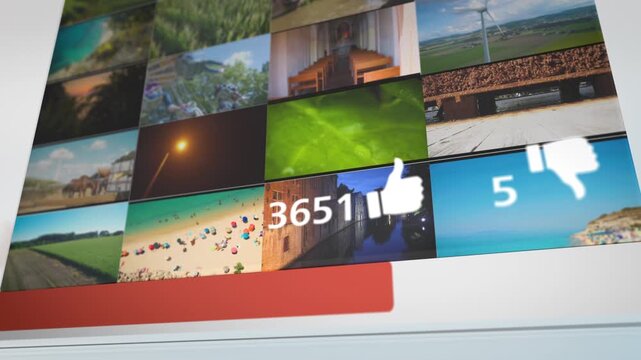 Dynamic multiscreen interface visualizing online video content performance with view counters, likes and dislikes, progress bars, and media thumbnails representing modern social media analytics.