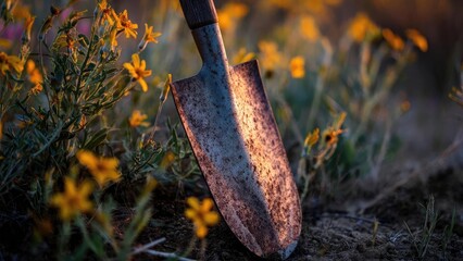 Fototapeta premium Rusty shovel stuck in soil among yellow wildflowers at sunset. Concept Rusty shovel, Yellow wildflowers, Sunset lighting, Soil texture, Rural scene