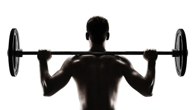 Silhouette of a muscular man from behind holding a barbell with weights on both ends. Concept Silhouette portrait, muscular man back view, barbell lifting, strength training, gym photography
