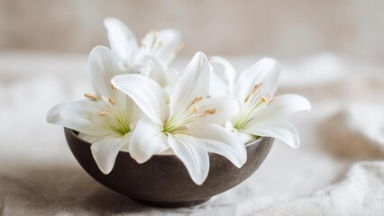 Naklejka premium White lilies arranged in a dark ceramic bowl on a soft beige tablecloth. Concept White Lilies Still Life, Dark Ceramic Bowl, Soft Beige Tablecloth, Natural Lighting, Minimalist Decor