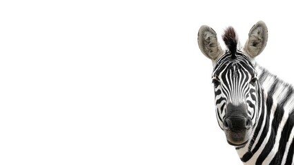 Fototapeta premium Zebra with black-and-white stripes facing the camera against a white background. Concept Zebra Portrait, Black-and-White Stripes, Studio Wildlife Photography, Facing the Camera, White Background