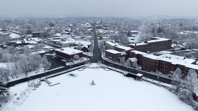 Panorama drone view of the opposite Union St surrounded by downtown buildings with local stores, Easthampton, Massachusetts, USA